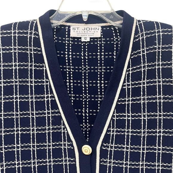 St John Collection Vintage Blue/ White Windowpane Plaid Knit Button Sweater 12 - Picture 3 of 7